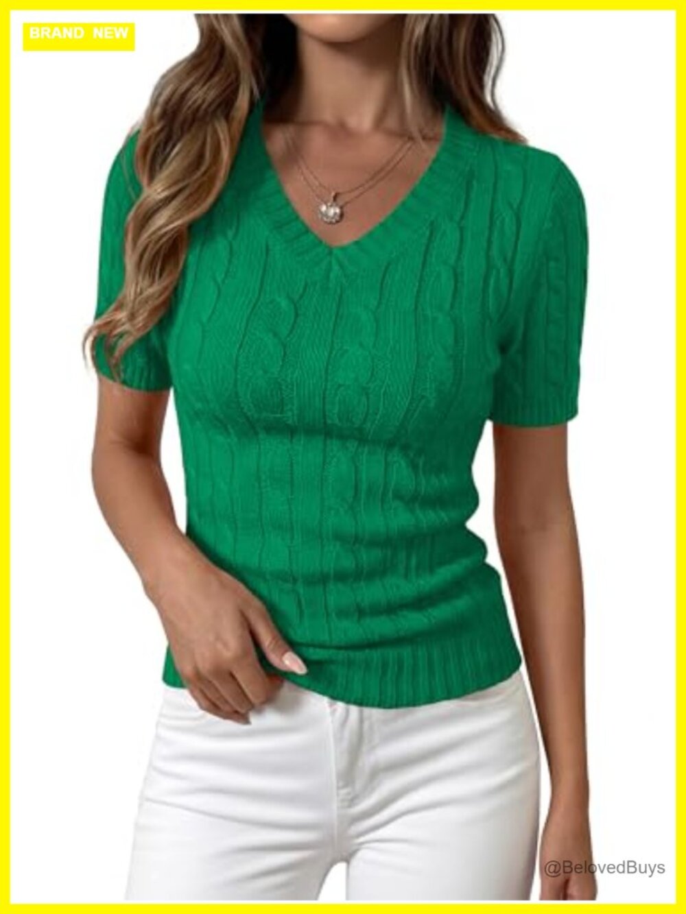 Cable Knit V Neck Short Sleeve Sweater Fitted Work Top
